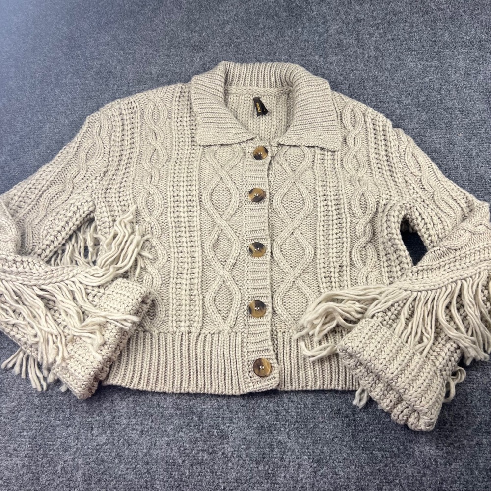 Stetson Womens Beige Cable Knit Fringe Cropped Cardigan Sweater Wool Blend Small